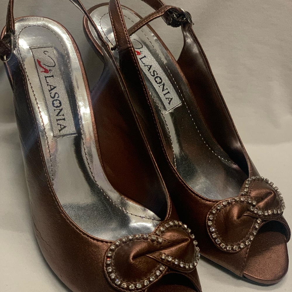 Lasonia Brown Satin Peep-Toe Heels